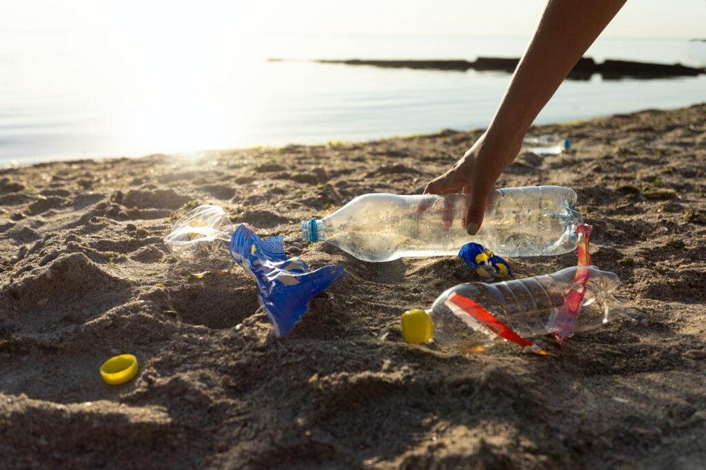 Unrecognizable Volunteer Picking Up Plastic Litter Cleaning Beach Outside, Cropped
